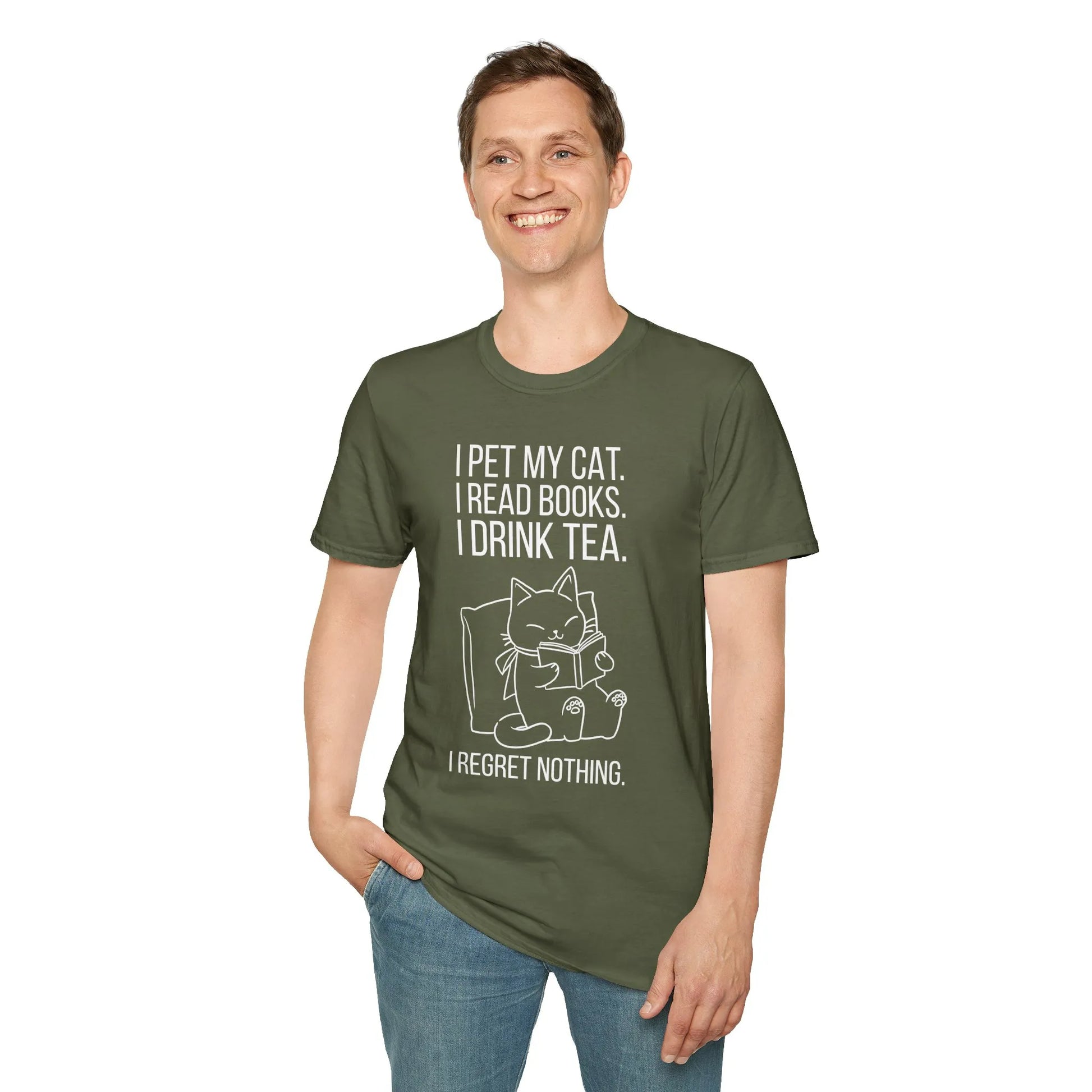 Cozy unisex tee featuring a playful cat and text: 'I pet my cat. I read books. I drink tea. I regret nothing.' Perfect for book lovers!