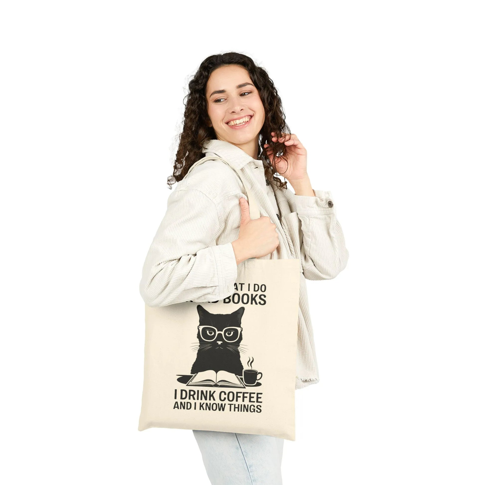 Coffee & Cat Wisdom Tote Bag featuring a witty cat design with glasses and a coffee cup, perfect for book lovers.