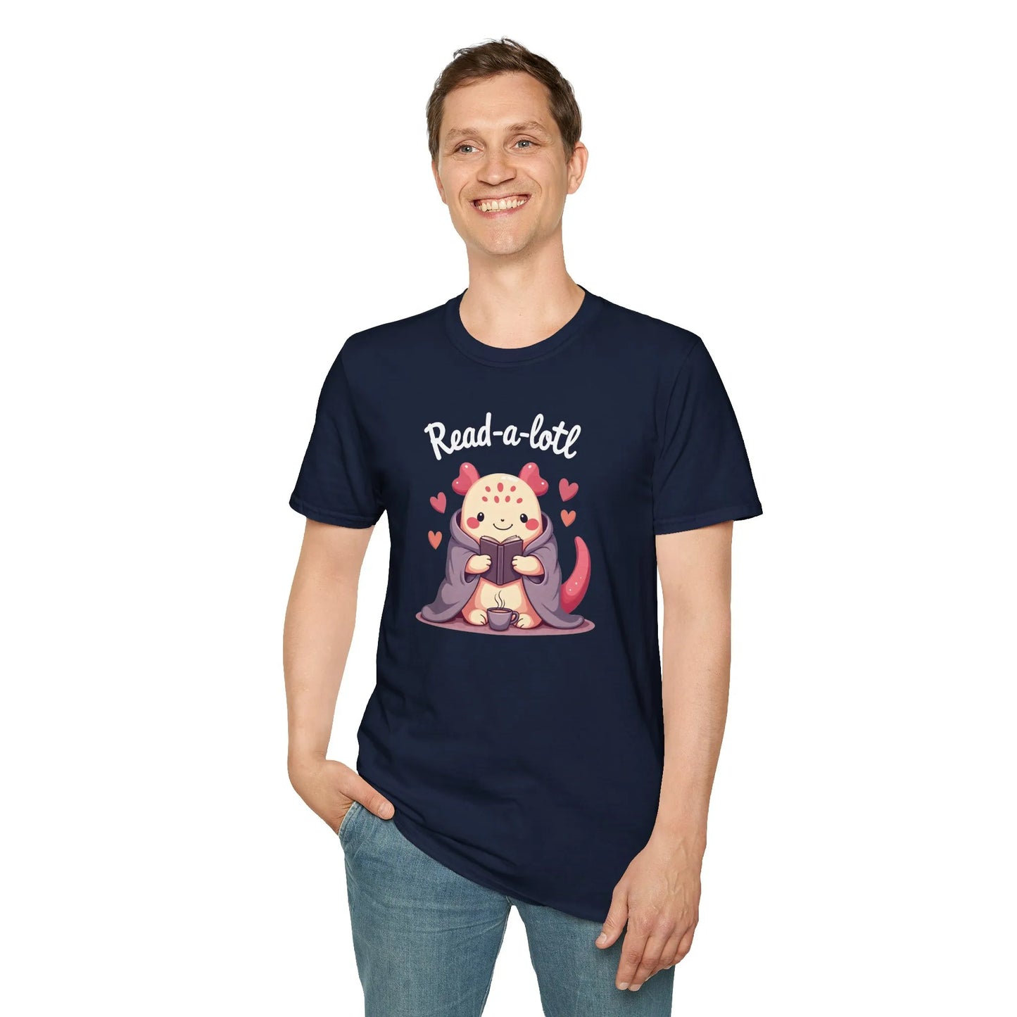 Cozy Read-a-lotl T-Shirt featuring a cute axolotl reading, perfect gift for readers and book lovers! 📖