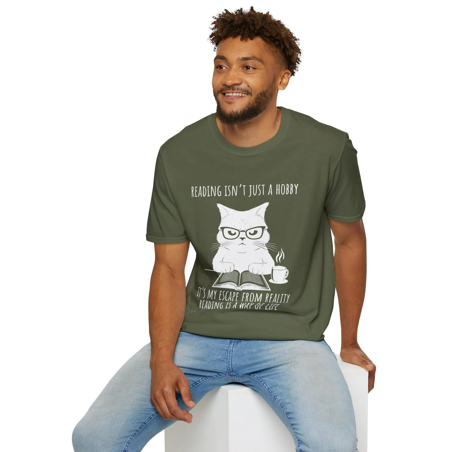Funny reading tee featuring a grumpy cat in glasses with coffee, perfect gift for book lovers and cozy readers.