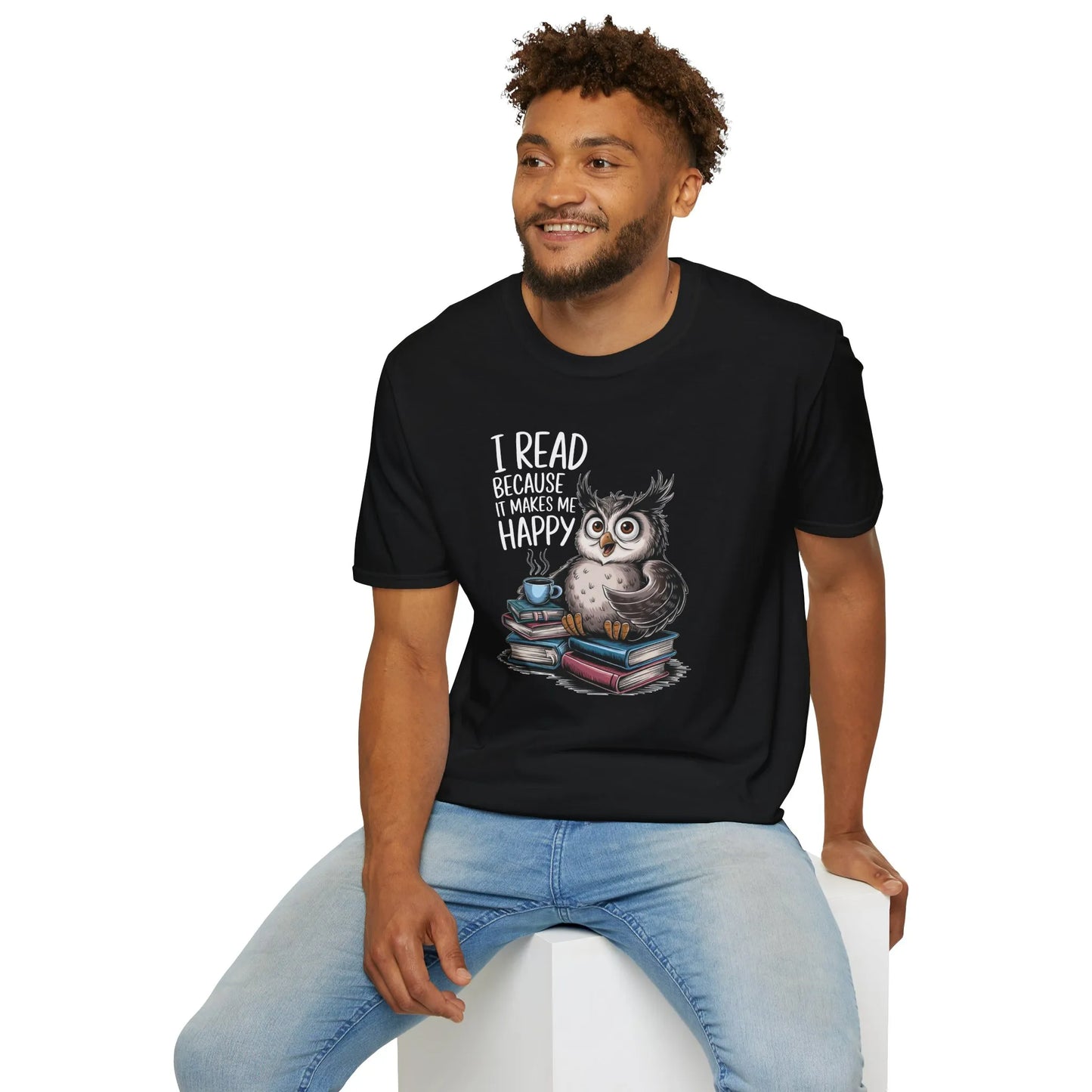 Happy Reader T-Shirt featuring a cute owl on books, relaxed fit unisex shirt perfect for book lovers 📖.