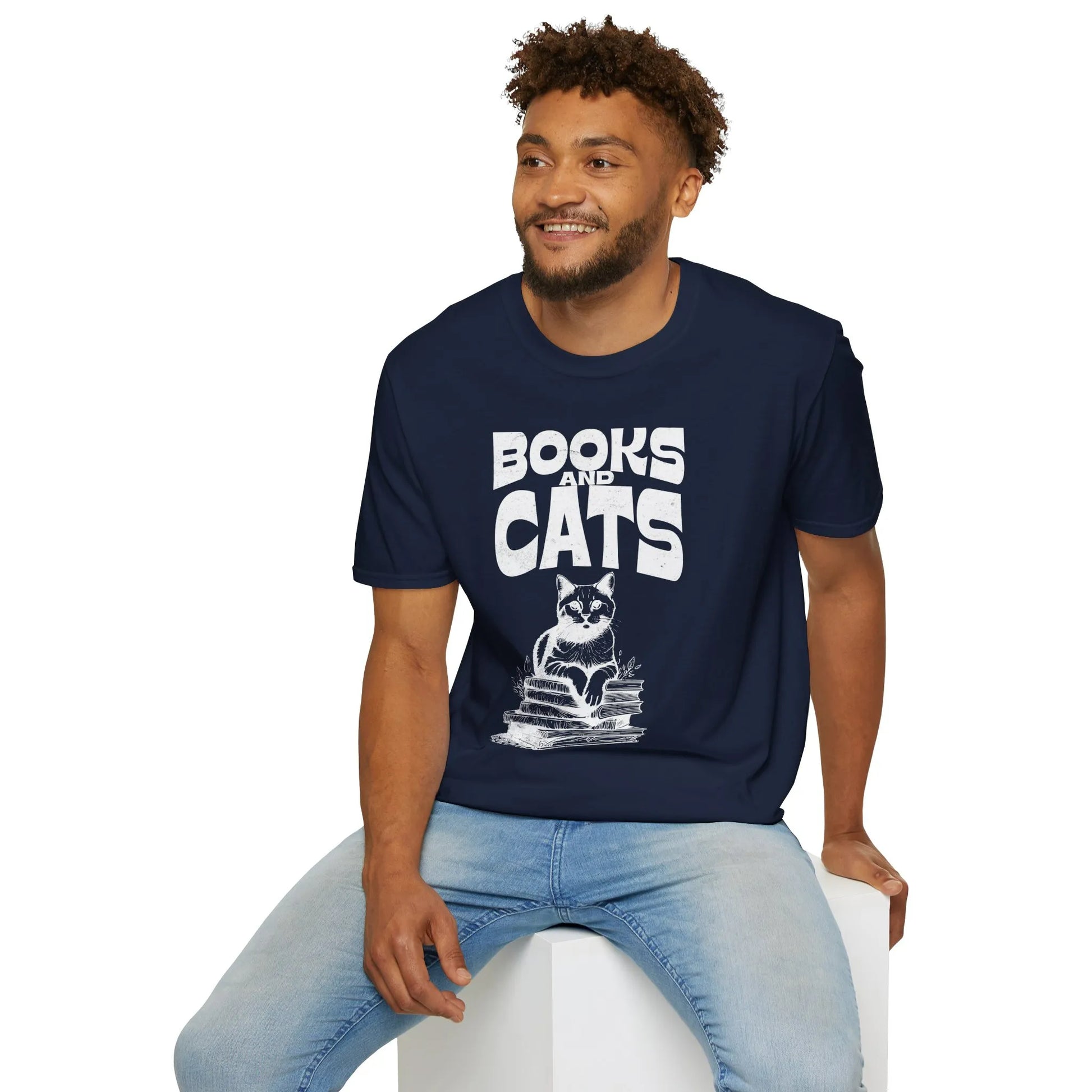Books & Cats Club T-Shirt featuring a cat on books with 'BOOKS and CATS' text, perfect gift for cozy book lovers.