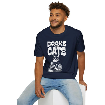 Books & Cats Club T-Shirt featuring a cat on books with 'BOOKS and CATS' text, perfect gift for cozy book lovers.