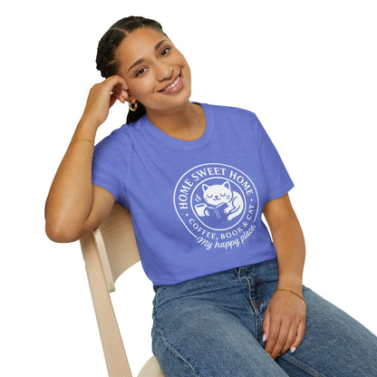 Cozy cat reading shirt with a happy cat illustration, text 'Home Sweet Home, Coffee, Books, Cat' on a blue tee.