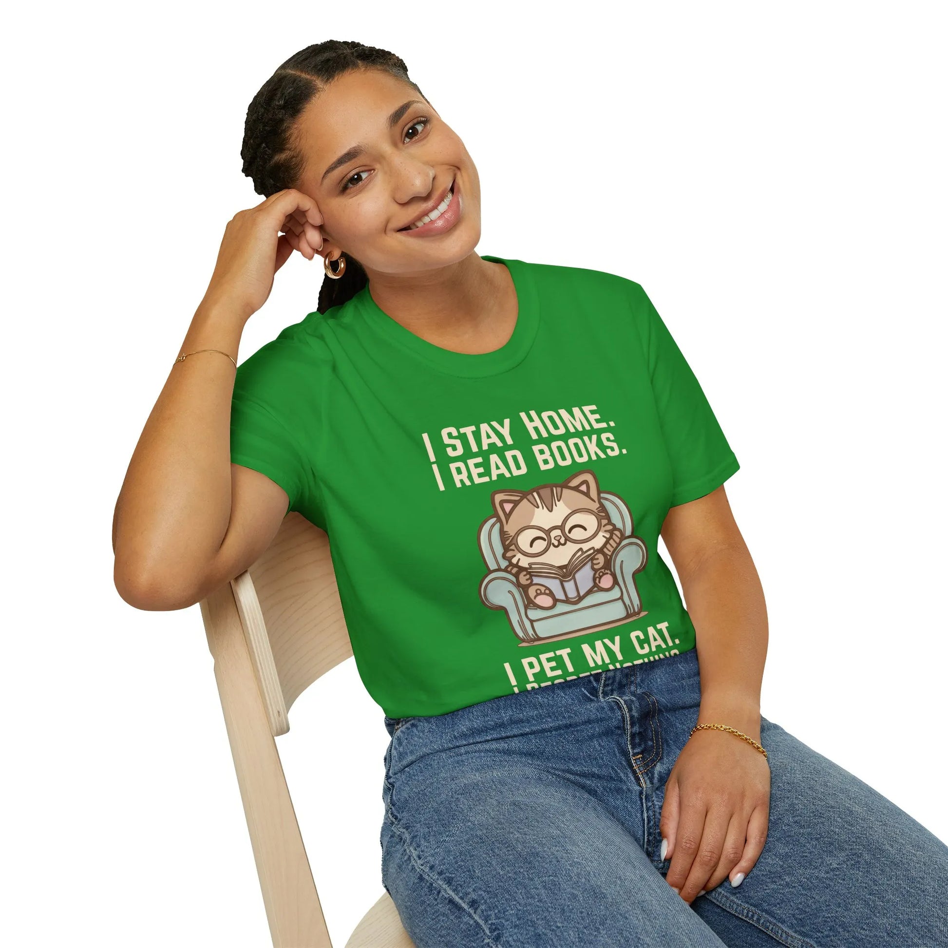 Woman wearing Comfy Cat Reader T-Shirt featuring a cat in glasses, text about reading and petting, perfect gift for cat lovers.