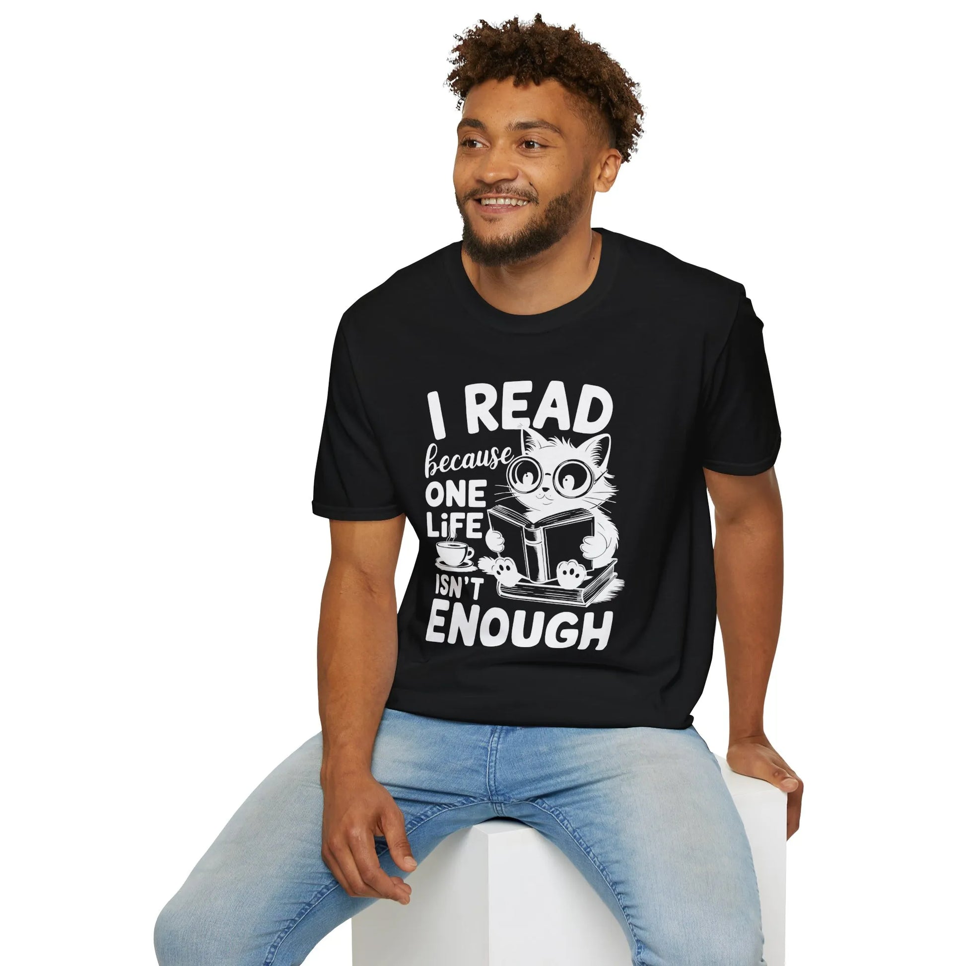 Funny cat reading shirt with text 'I READ because ONE LIFE ISN'T ENOUGH', perfect gift for book-loving cat enthusiasts.