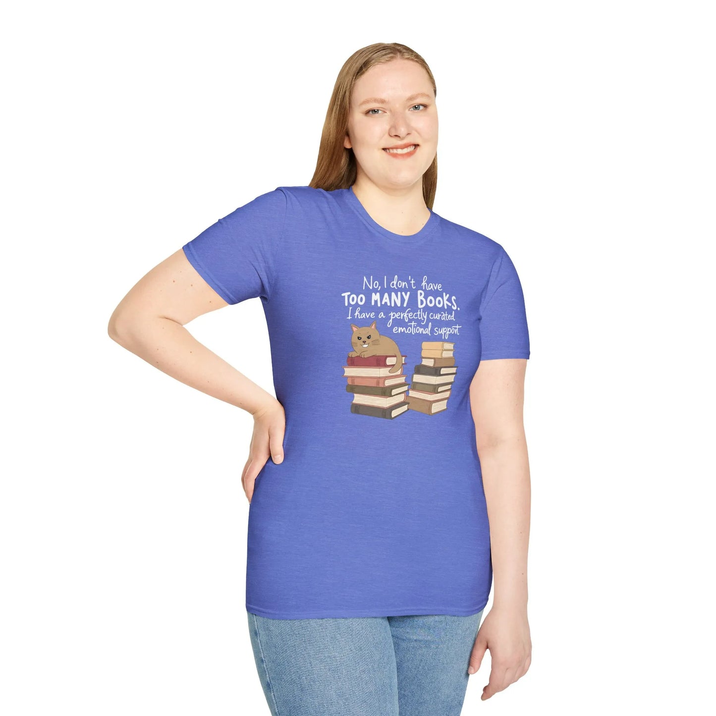 Emotional Support Books T-Shirt in blue, relaxed fit unisex, cat on book stacks—perfect gift for readers 📖 cozy reading outfit.