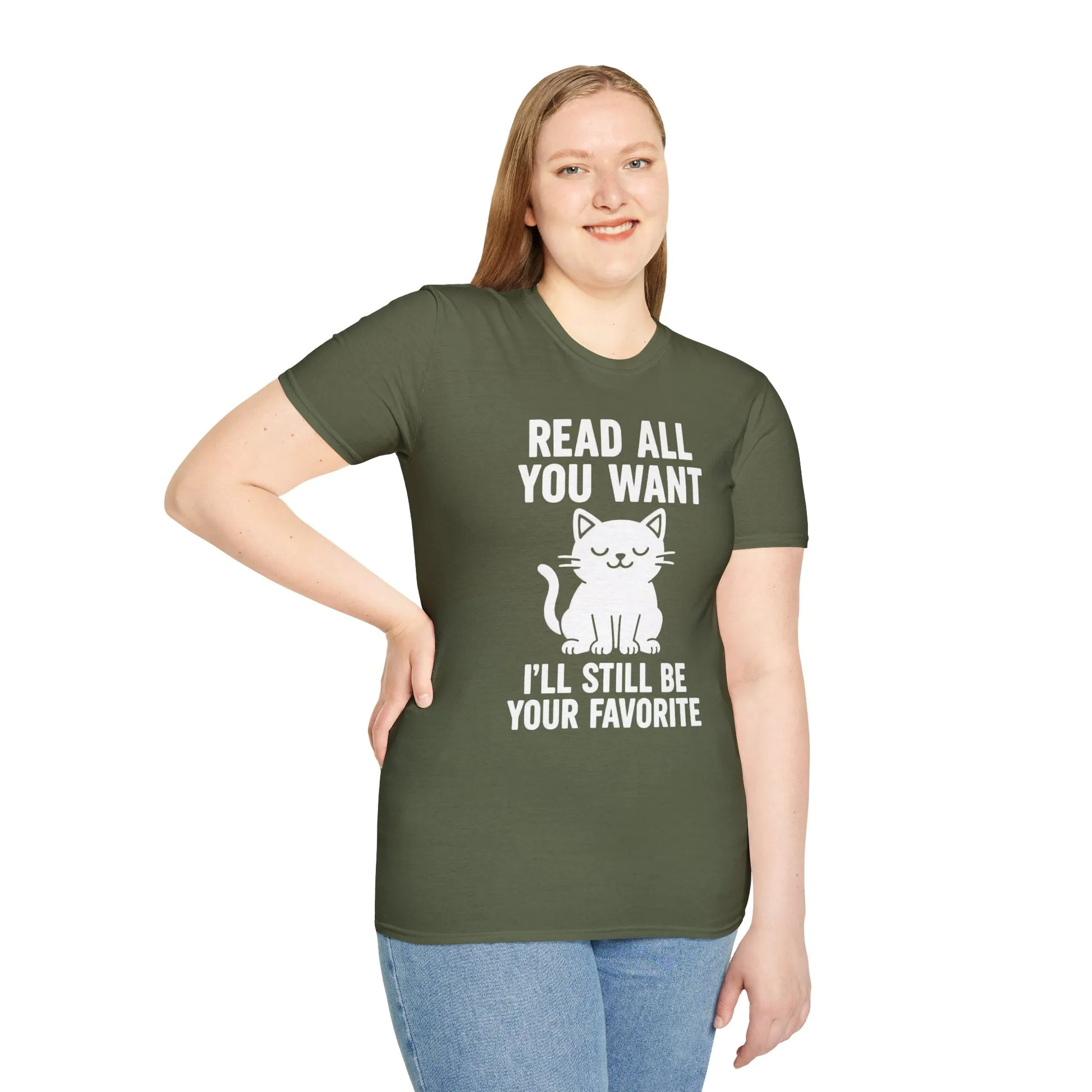 Funny 'Read All You Want, I'll Still Be Your Favorite' cat shirt, cozy tee for book lovers and cat enthusiasts.