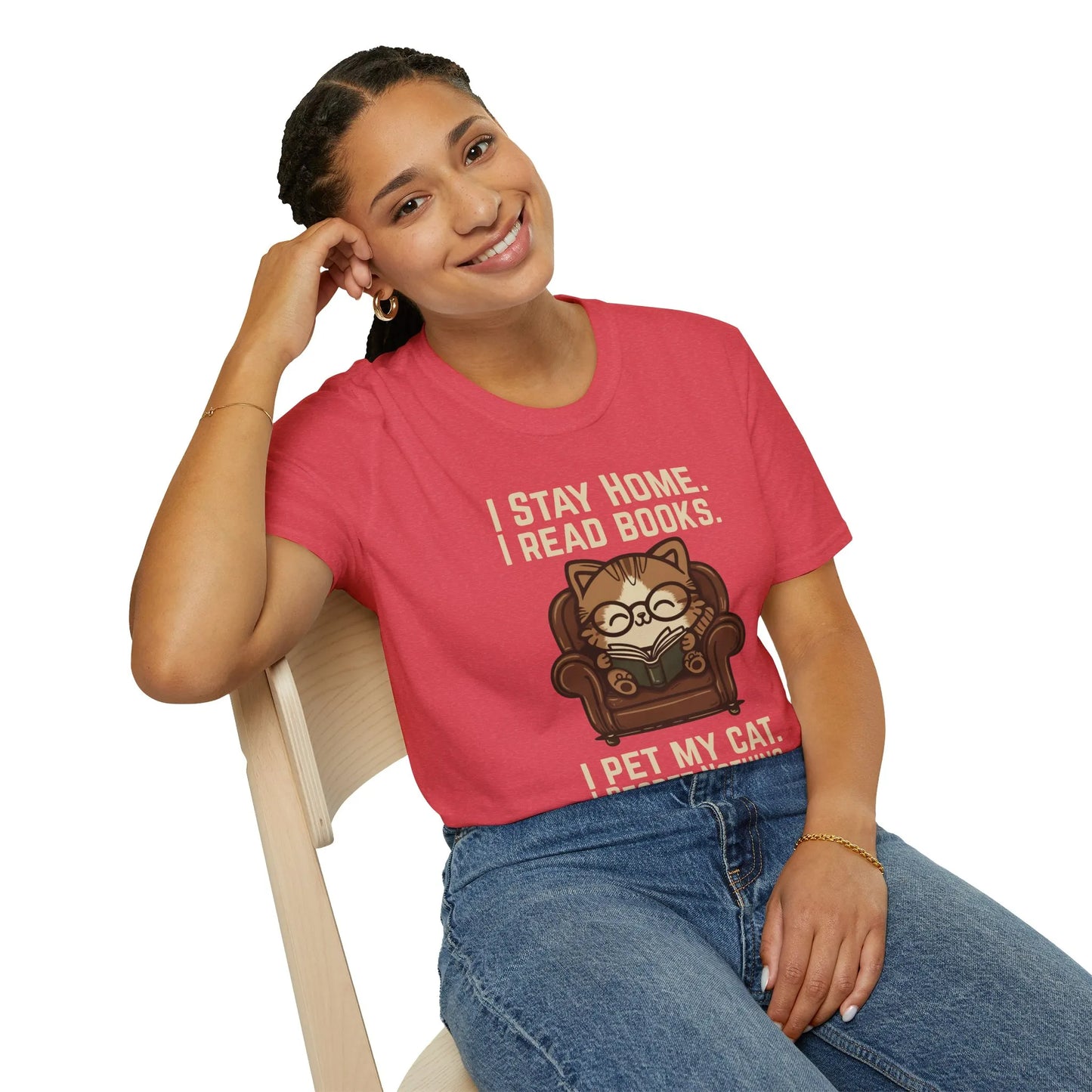 The Armchair Cat Reader T-Shirt features a cozy cat in glasses on an armchair with text about reading books and petting cats.