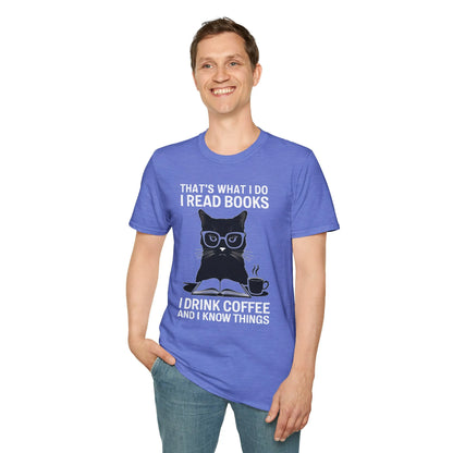 Funny coffee and cat-themed shirt featuring a clever cat in glasses with a book; perfect for book lovers and cozy reading fans.
