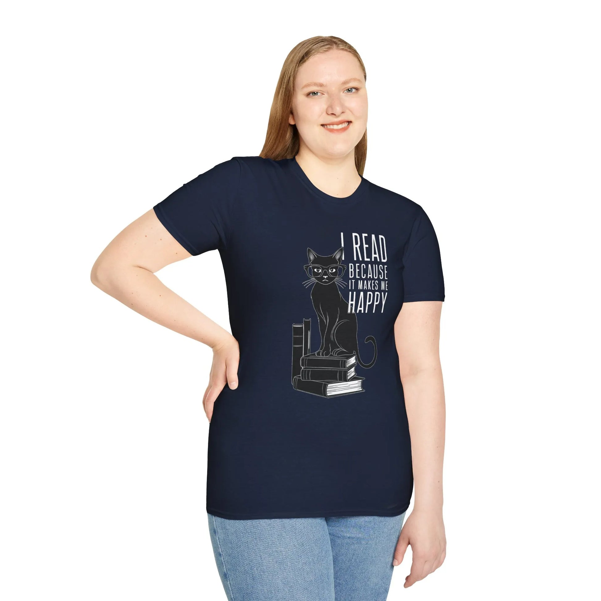 Cozy scene of a reader in a relaxed fit Happy Reading Kitty T-Shirt, enjoying books with a stylish cat and showcasing a reading lifestyle.