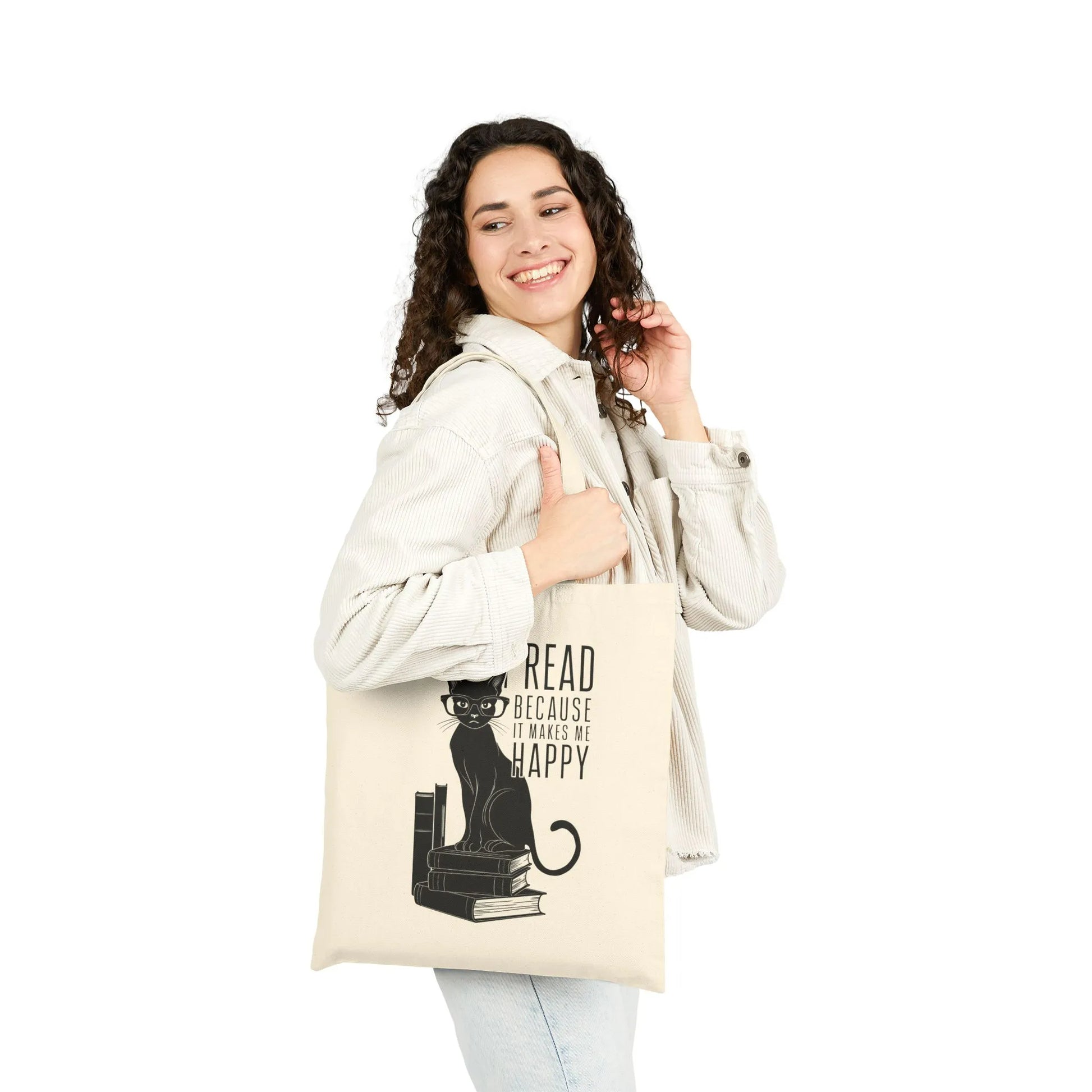 Happy Reading Kitty Tote Bag with a cheerful cat illustration, perfect for book lovers who enjoy reading, coffee, and cozy moments.