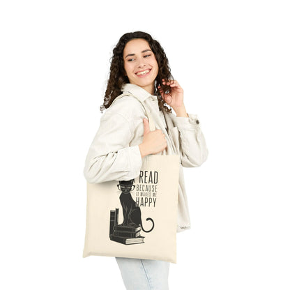 Happy Reading Kitty Tote Bag with a cheerful cat illustration, perfect for book lovers who enjoy reading, coffee, and cozy moments.
