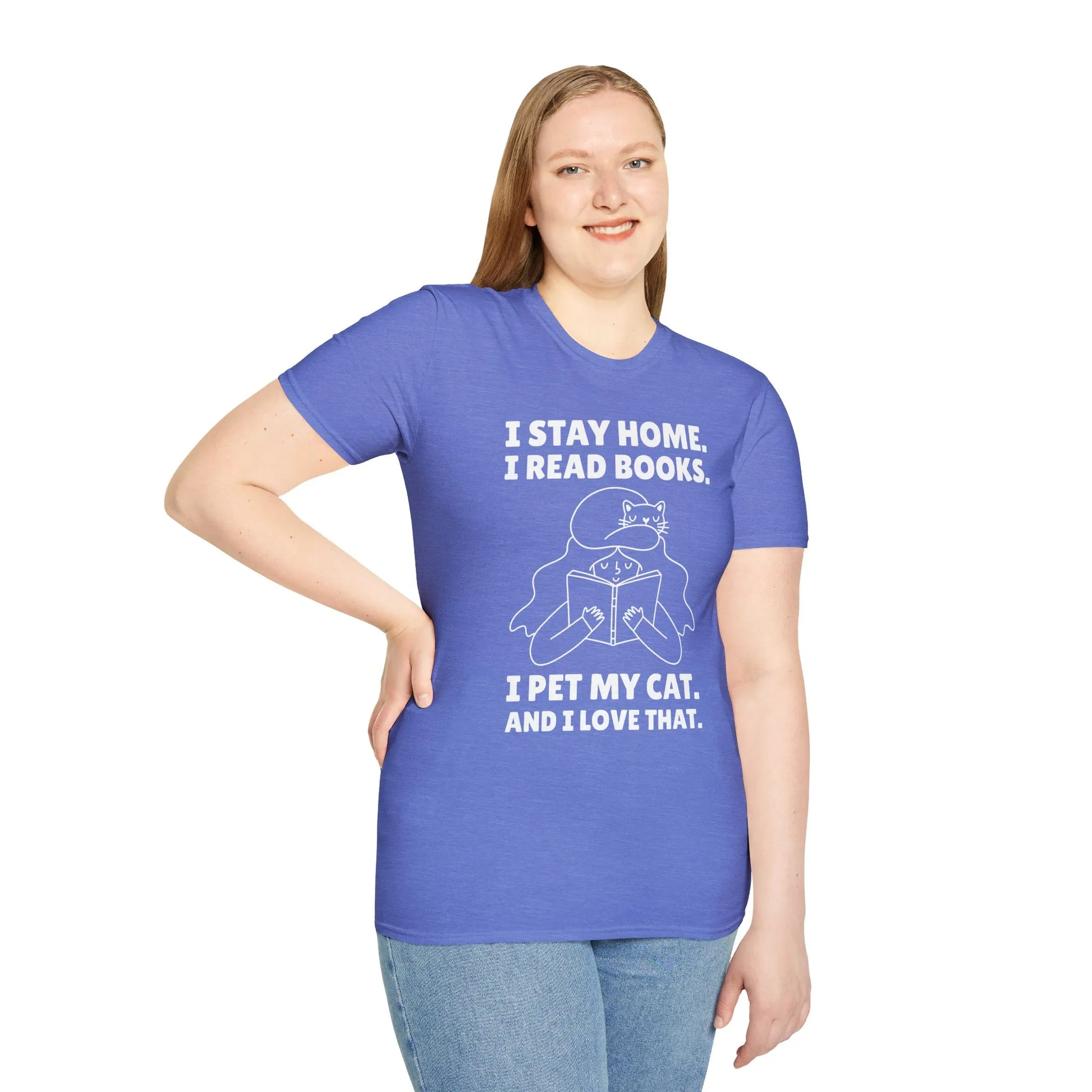 Cozy blue t-shirt for book lovers, featuring a cat illustration and text: 'I stay home, I read books. I pet my cat. And I love that.'