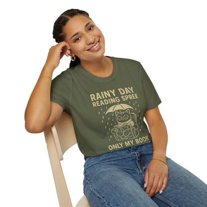 Cozy Rainy Day Reading Spree tee with a cat under an umbrella and text saying 'Only My Book' – perfect for book lovers!