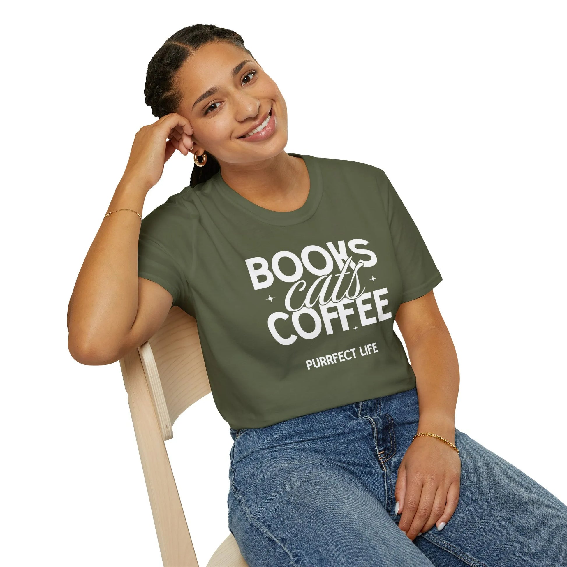 Trio of Joy T-Shirt featuring text: 'Books, Cats, Coffee, Purrfect Life' ideal for book lovers and cat enthusiasts.