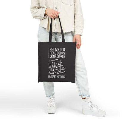 Charming Dogs, Books & Coffee Tote Bag showcasing line-art design and witty text, perfect for book lovers and gift seekers.