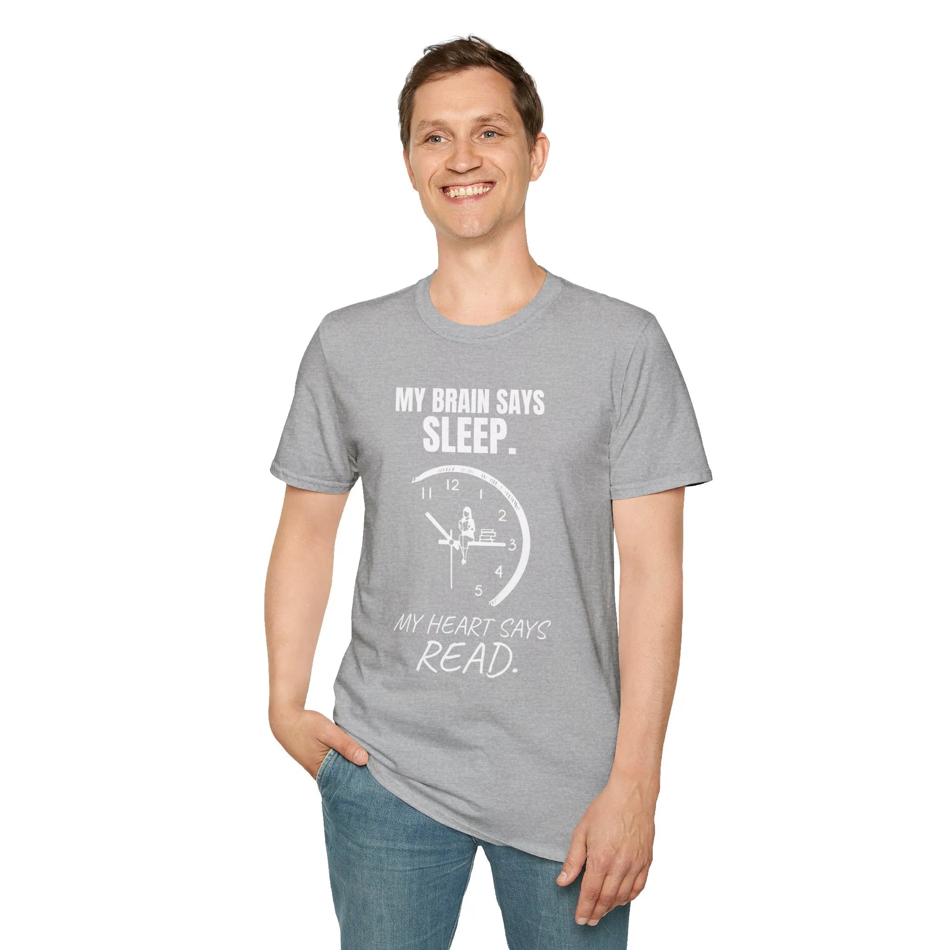 Funny reading tee with clock graphic: "My brain says SLEEP. My heart says READ." Perfect cozy shirt for book lovers.