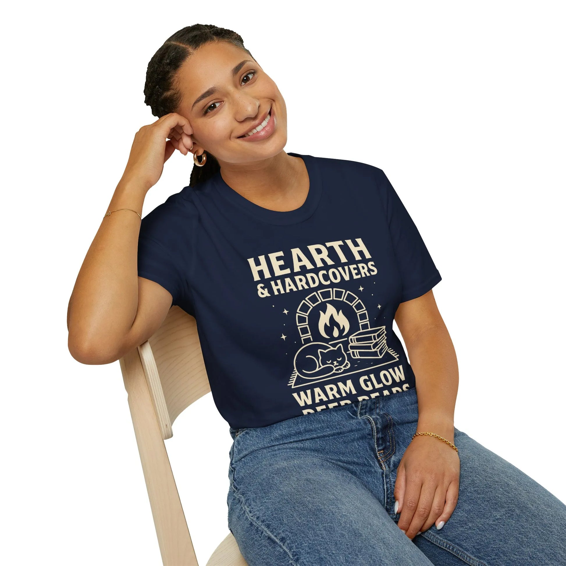 Cozy Hearth & Hardcovers T-shirt featuring a cat by a fire, perfect for book lovers and a witty gift for readers.