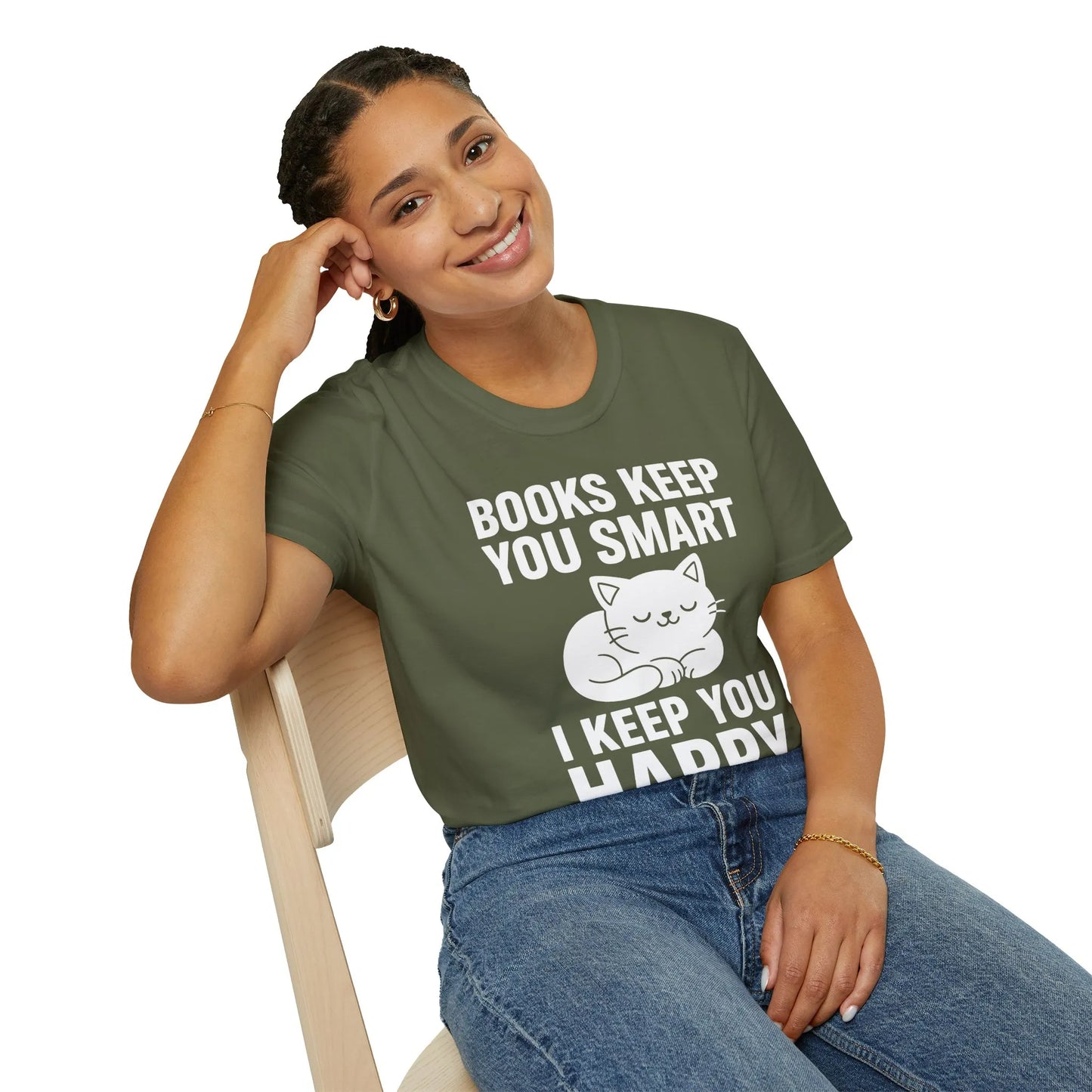 Cozy green tee with ‘Books Keep You Smart, I Keep You Happy’ text and a cute sleeping cat illustration, ideal for book lovers.
