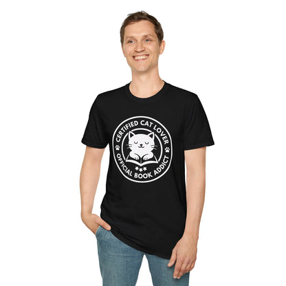 Man wearing a black 'Certified Cat Lover' t-shirt with a cute cat graphic, perfect for book lovers and cat enthusiasts.