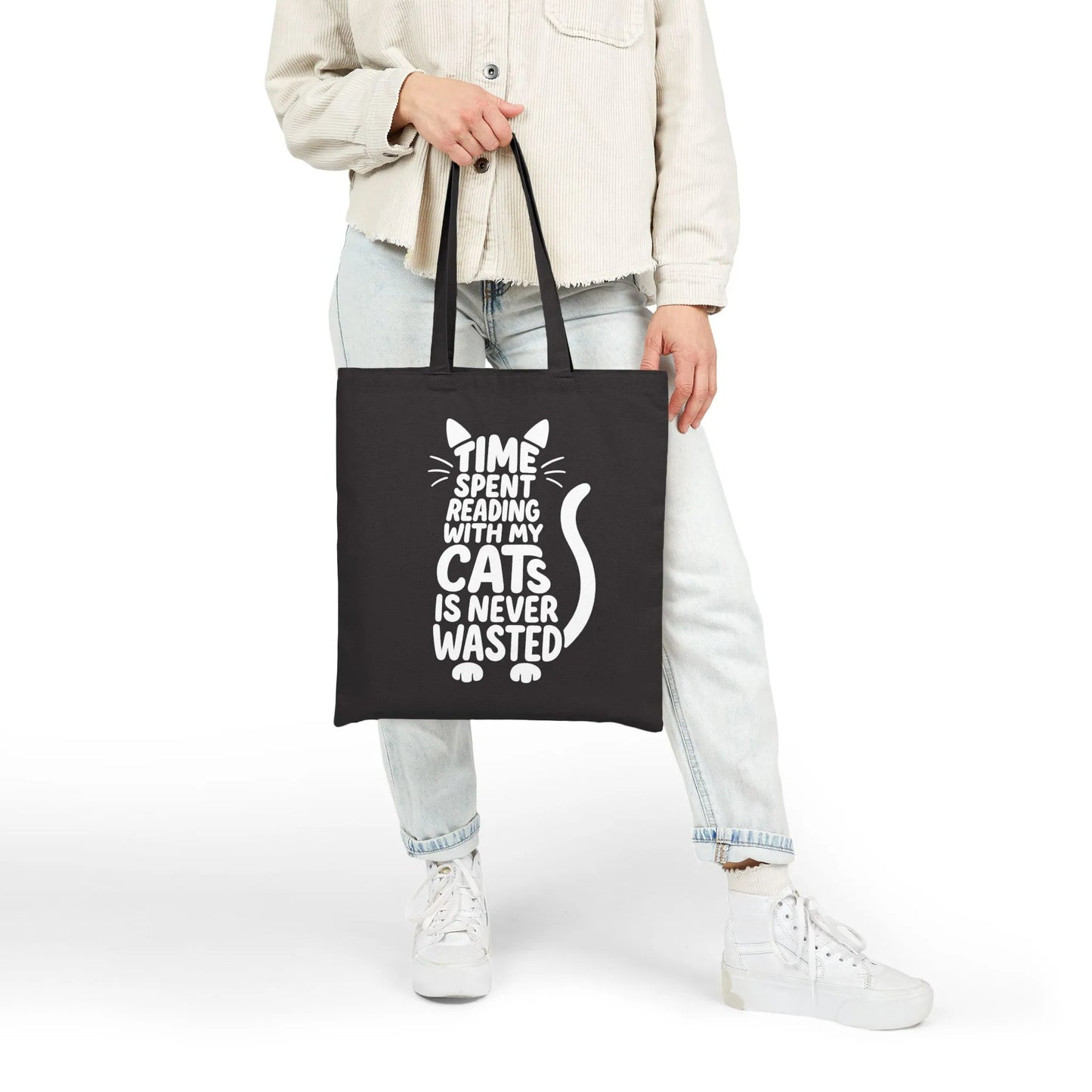 Never Wasted with Cats Tote Bag features playful typography and a cat silhouette, perfect for book lovers who adore felines.