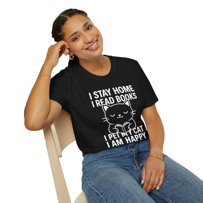 Black funny book lover shirt featuring a cute cat illustration and text: 'I STAY HOME I READ BOOKS I PET MY CAT I AM HAPPY'.