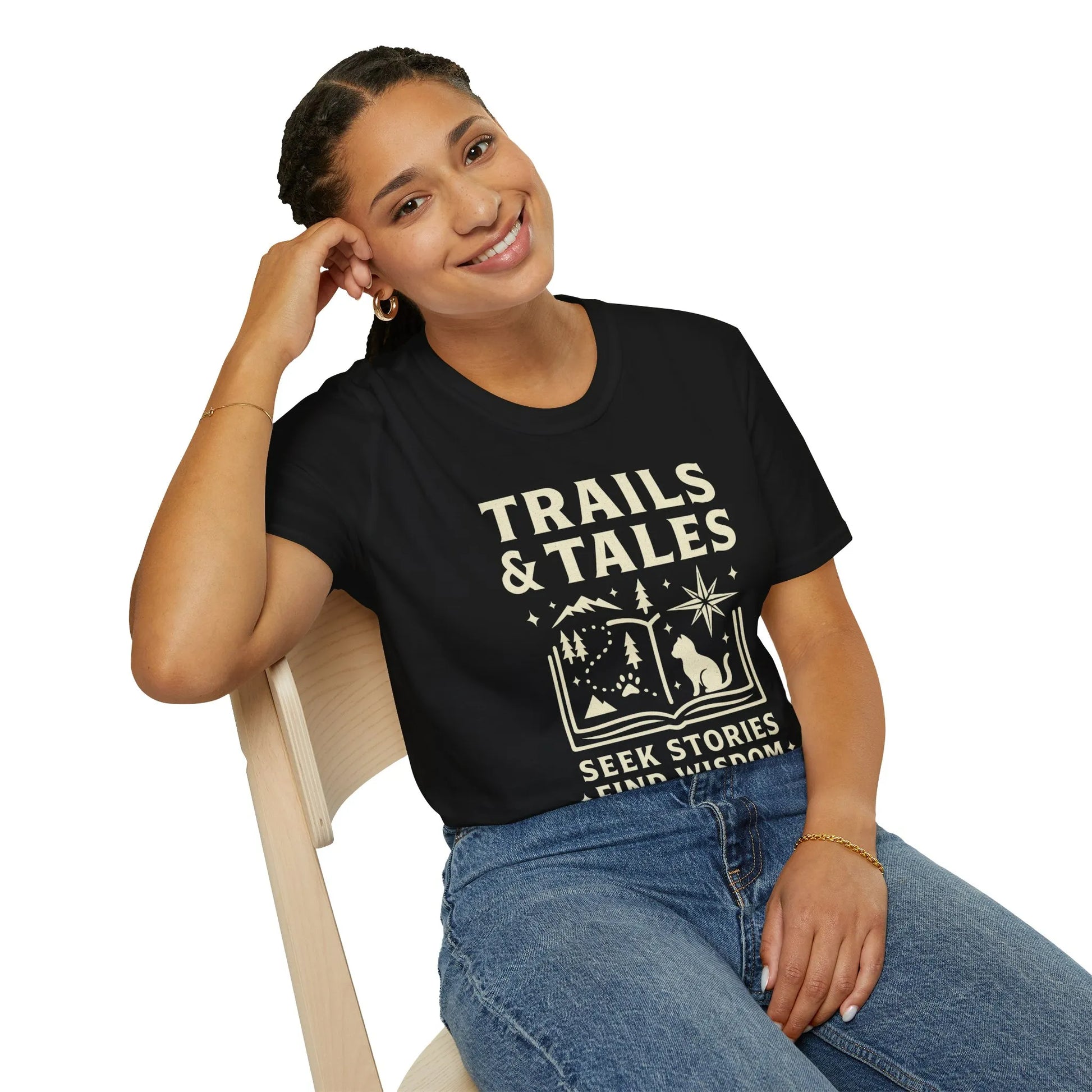 Trails & Tales T-Shirt featuring a cat, stars, and mountains; perfect for book lovers who enjoy cozy adventures.