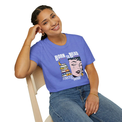 Relaxed fit unisex Forced to Work T-Shirt for book lovers, featuring pop-art design & organic cotton. Ideal cozy reading outfit! 📖