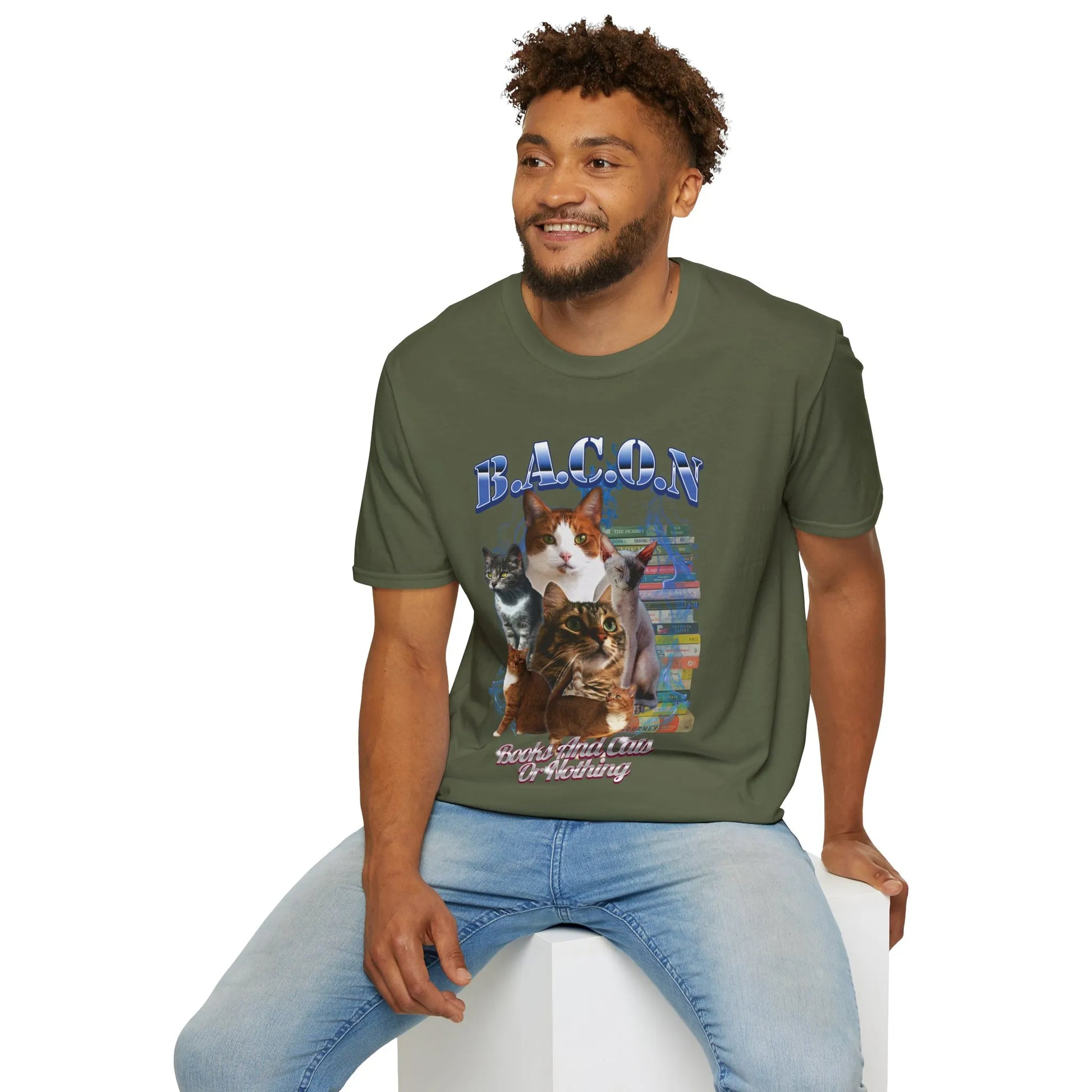 Books & Cats Or Nothing T-Shirt featuring adorable cats, colorful books, and humorous text perfect for cozy reading enthusiasts.