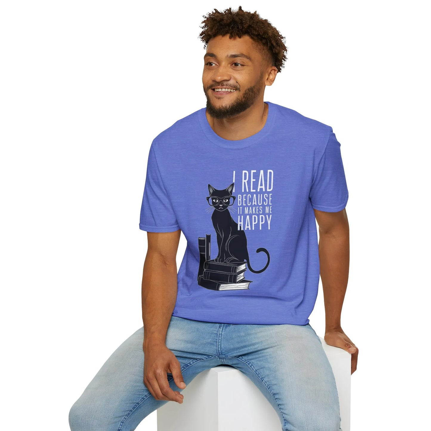 Unisex blue t-shirt with a witty black cat illustration and text: 'I READ BECAUSE IT MAKES ME HAPPY.' Perfect for book lovers!