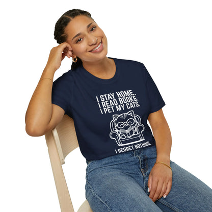 Cozy navy tee for book lovers with a cat illustration and text: "I Stay Home, I Read Books, I Pet My Cats, I Regret Nothing."