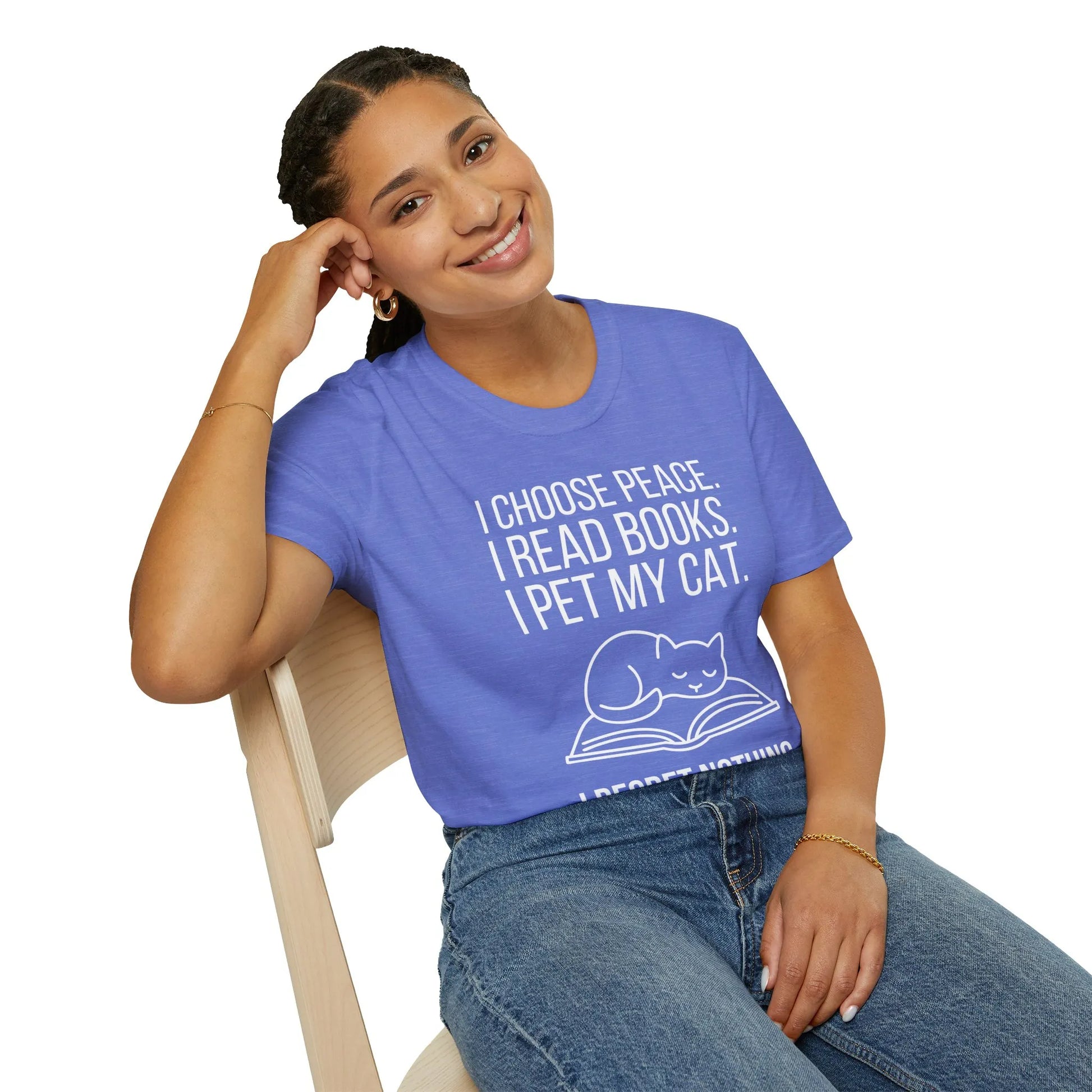 Light blue tee with text: 'I choose peace. I read books. I pet my cat.' featuring a cute cat on a book, perfect for cozy book lovers.