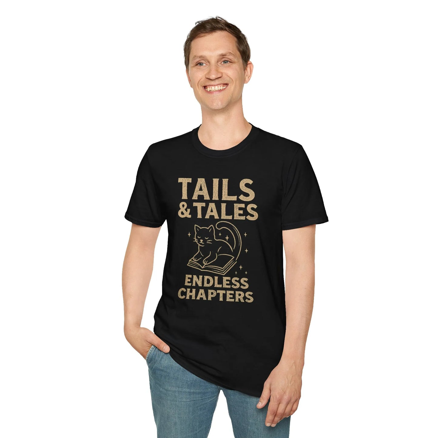 Funny Tails & Tales t-shirt featuring a playful cat on a book, perfect for book lovers and cozy reading moments.