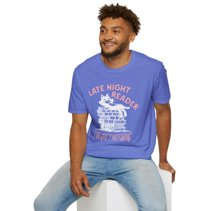 Late Night Reader T-Shirt featuring a relaxed cat on books with 'I Regret Nothing' for cozy, bookish humor lovers.