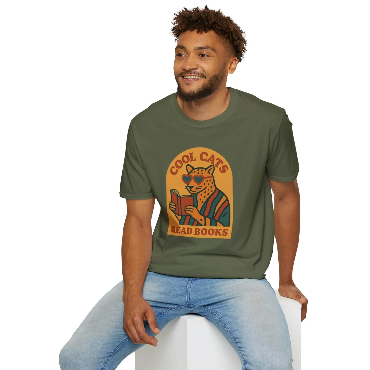 Cool Cats Read T-Shirt featuring a stylish cat in shades, perfect for book lovers who enjoy humor and cozy reads.