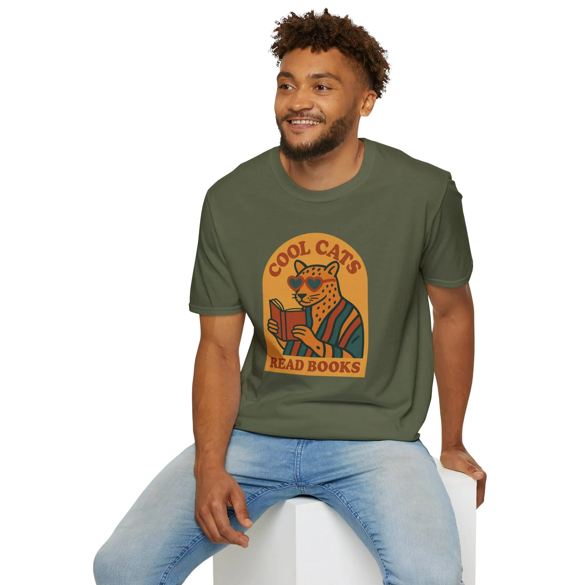 Cool Cats Read T-Shirt featuring a stylish cat in shades, perfect for book lovers who enjoy humor and cozy reads.