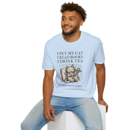 Cozy Tea, Cats & Books T-Shirt with a cat, book, and tea illustration, featuring the text: I pet my cat, I read books, I drink tea, I regret nothing.