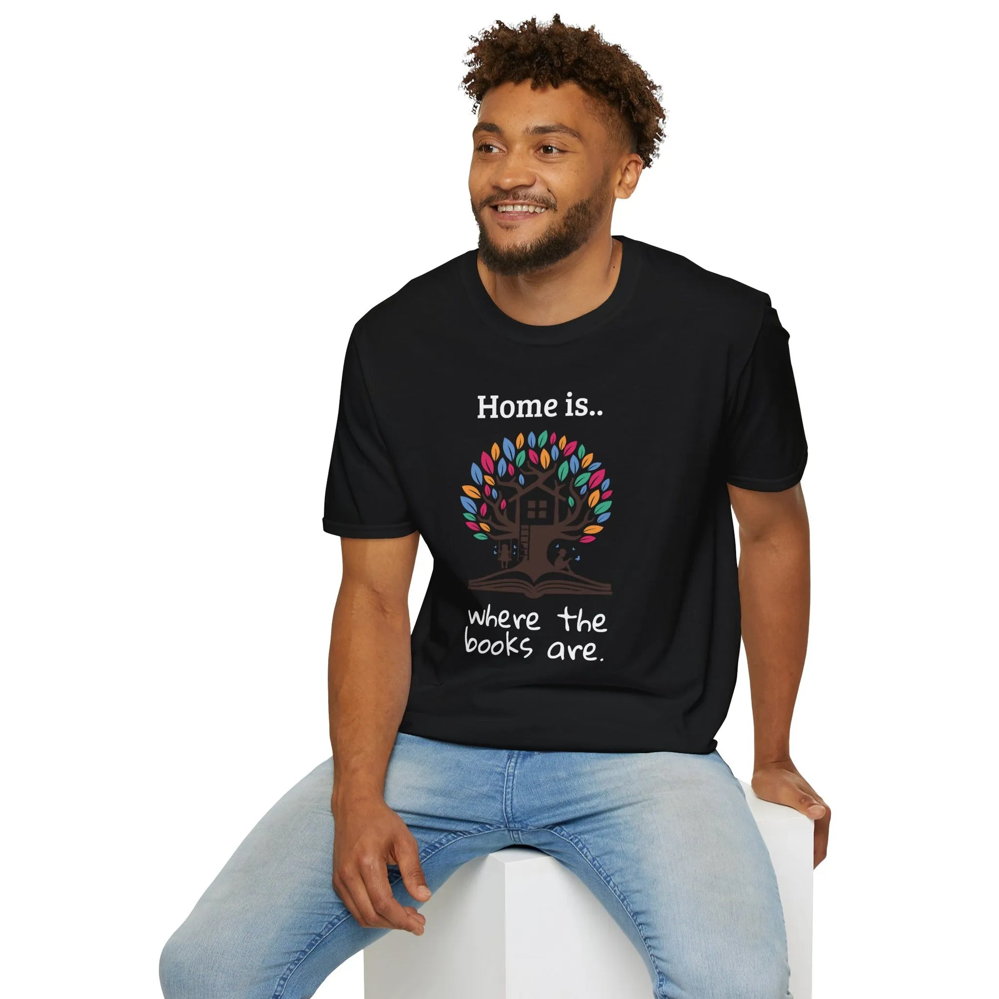 Home of Books T-Shirt features cozy treehouse design, relaxed fit, perfect gift for readers and introverts. 📖✨