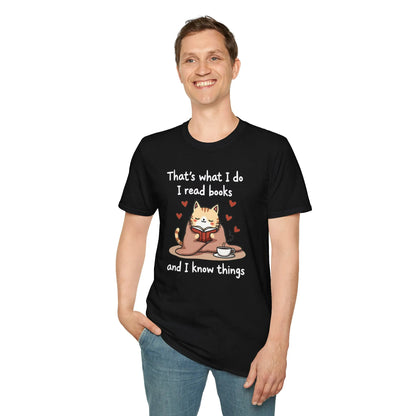 Cozy Kitty Reads T-Shirt featuring a cat reading with a drink, perfect gift for book lovers who enjoy a little humor.
