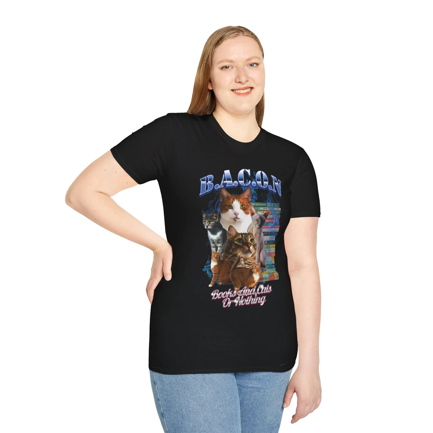 A joyful woman wearing a Books & Cats Or Nothing T-Shirt featuring cats and 'B.A.C.O.N.' text, perfect for book lovers.