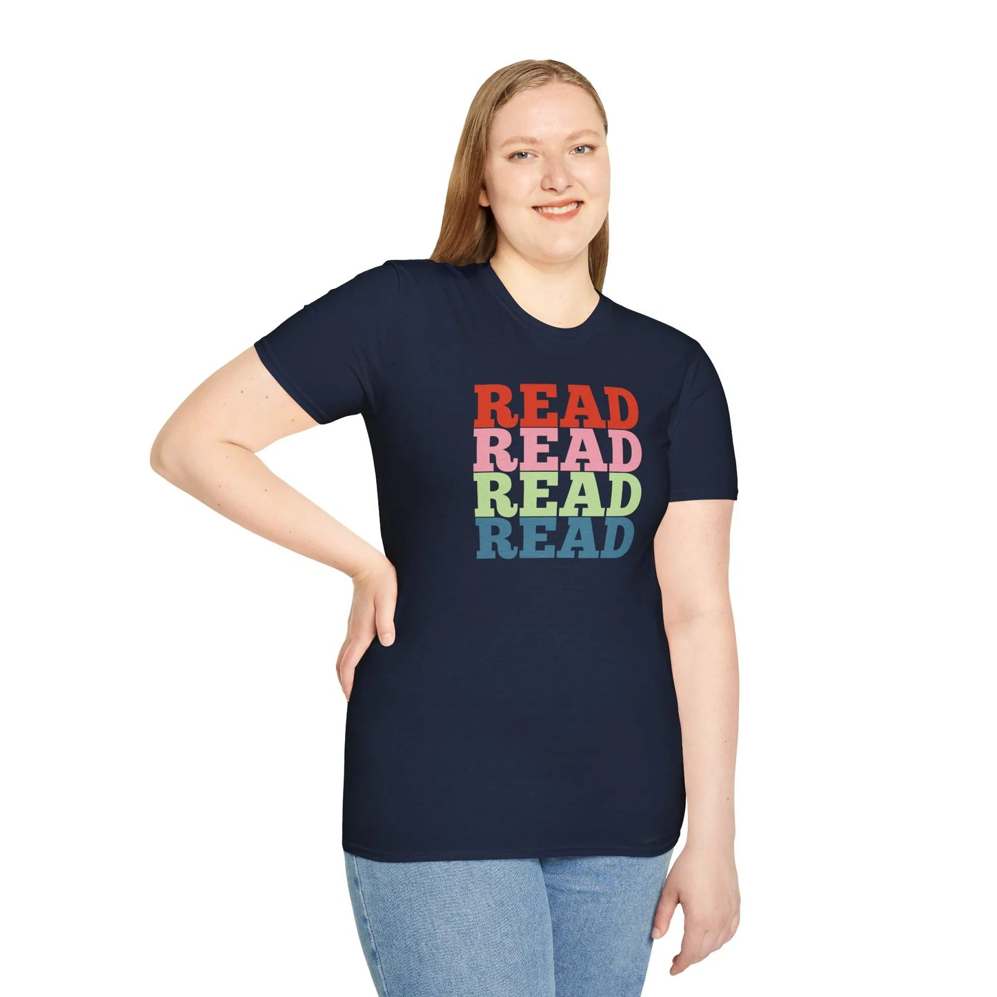 Read It Again T-Shirt featuring bold typography in vibrant colors on a relaxed fit unisex organic cotton tee, ideal gift for readers 📖.