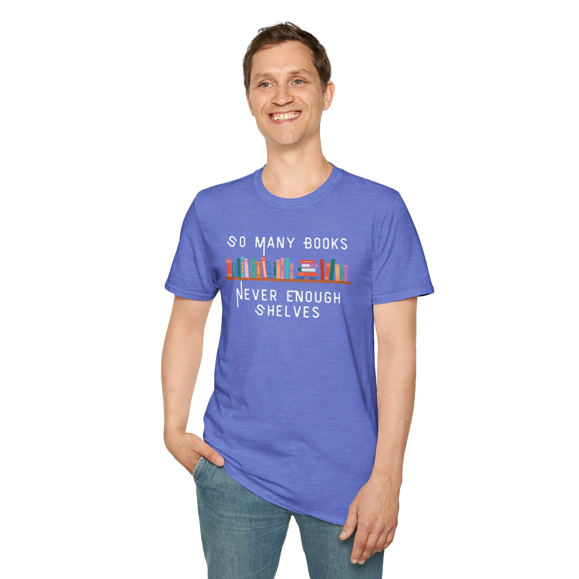Shelf Struggles T-Shirt in relaxed fit, colorful bookshelf design, ideal cozy reading outfit for book lovers 📖.