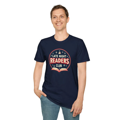 Late Night Club T-Shirt for book lovers, featuring a cozy design with stars and an open book. Ideal gift for readers 📖.