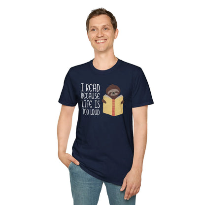 Quiet Escape T-Shirt featuring a sloth with a book, perfect cozy reading outfit for book lovers and introverts.