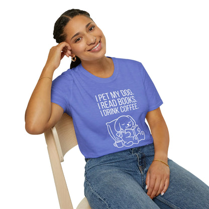 Joyful woman in a blue shirt with a whimsical dog illustration and text: 'I pet my dog. I read books. I drink coffee.' Perfect for book lovers!