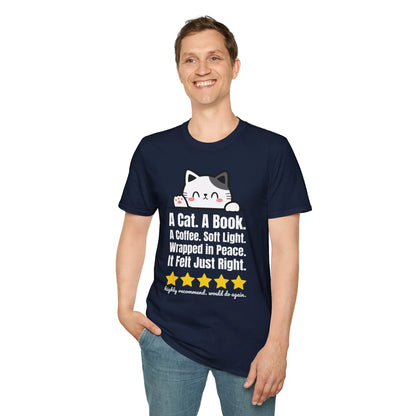 Five-Star Cozy Night T-Shirt in navy, relaxed fit unisex tee for book lovers with cat illustration, perfect cozy reading outfit 📖.