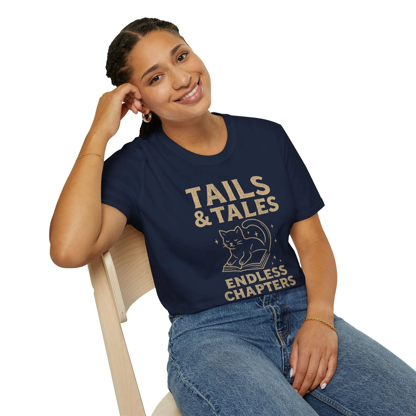 Funny reading tee with a cat on a book, saying 'Tails & Tales: Endless Chapters'—perfect for cat-loving bookworms.