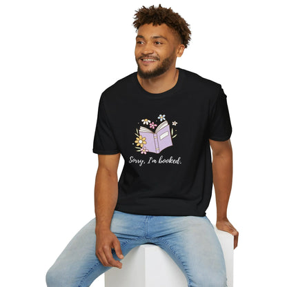 Sorry, I’m Booked T-Shirt in relaxed fit, featuring an open book design, perfect for cozy reading outfits and gifts for readers. 📖