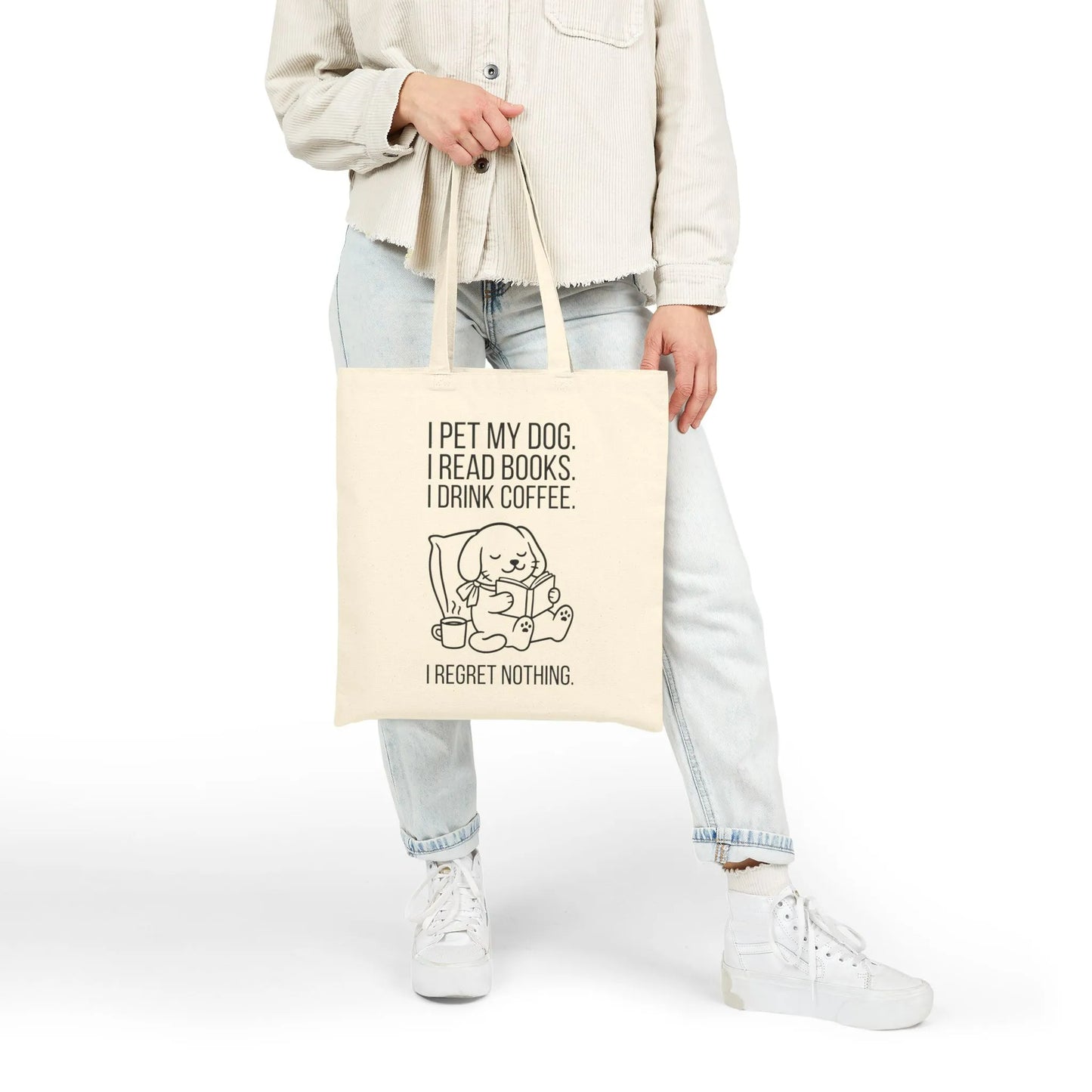 Dogs, Books & Coffee Tote Bag featuring cute dog illustration and humorous text about loving dogs, books, and coffee.
